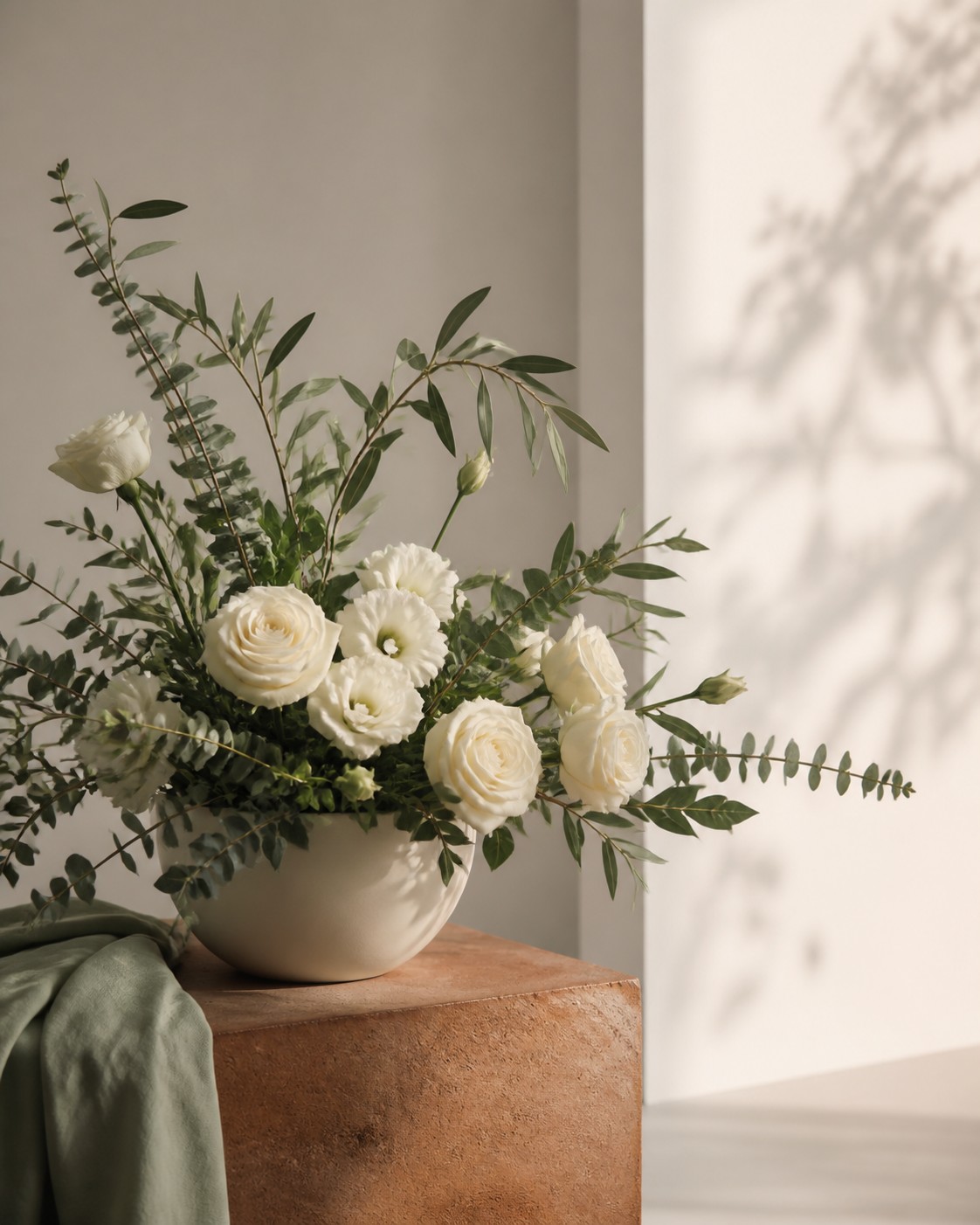 Arreglo Alba con rosas blancas y follaje
