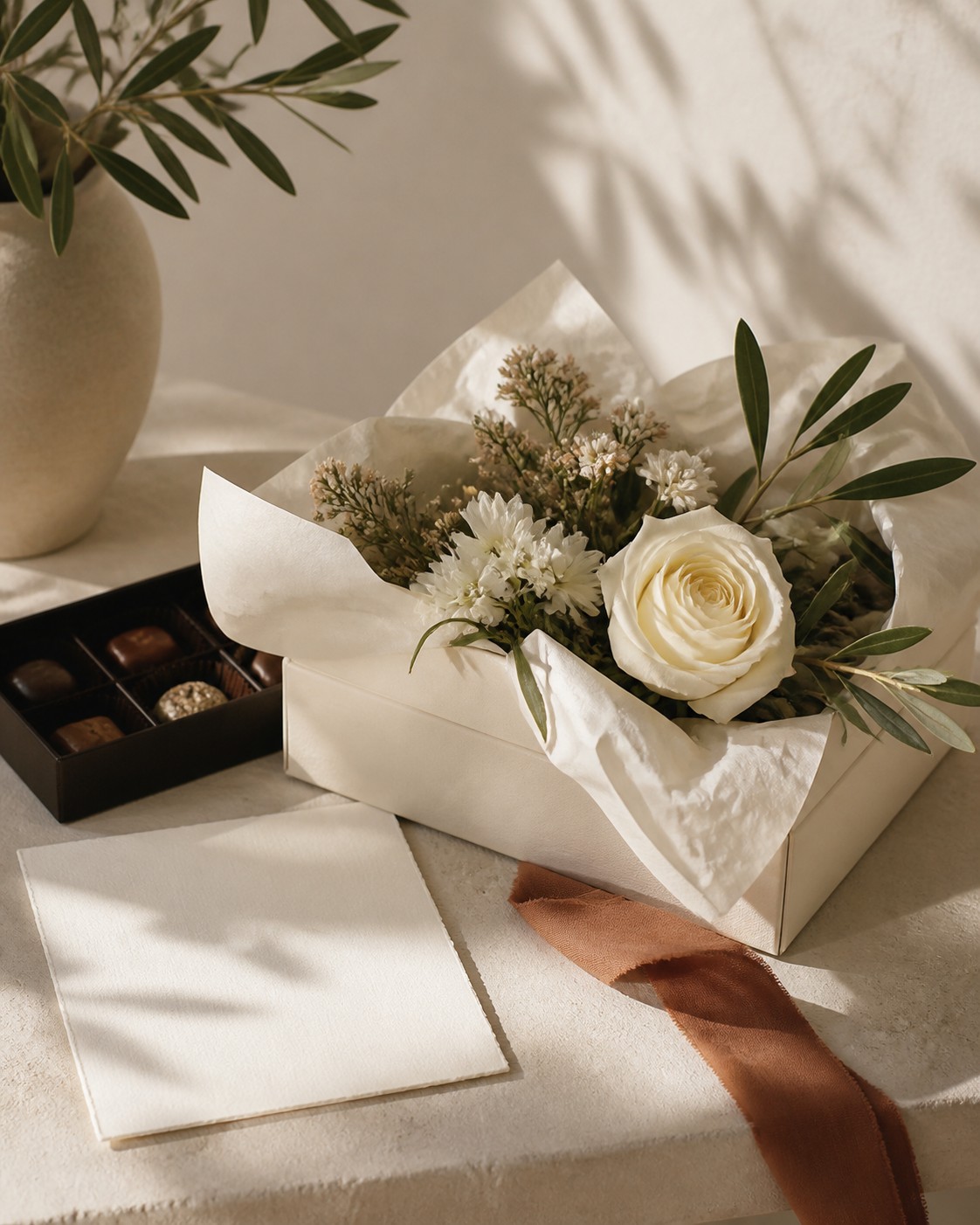 Caja de regalo floral con chocolates artesanales